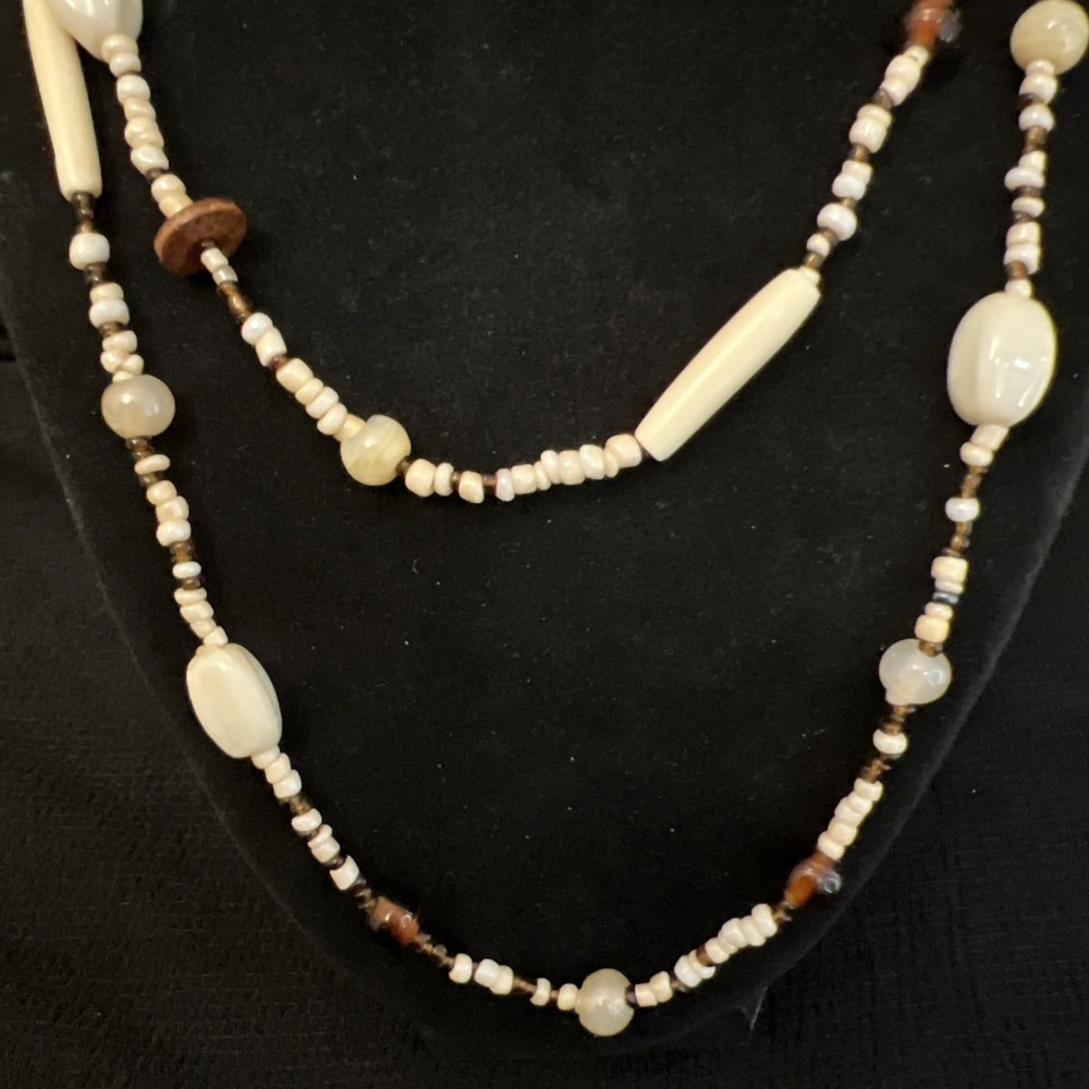 Natural Material Beaded Long Necklace Shell Glass Style Beads Boho Coastal